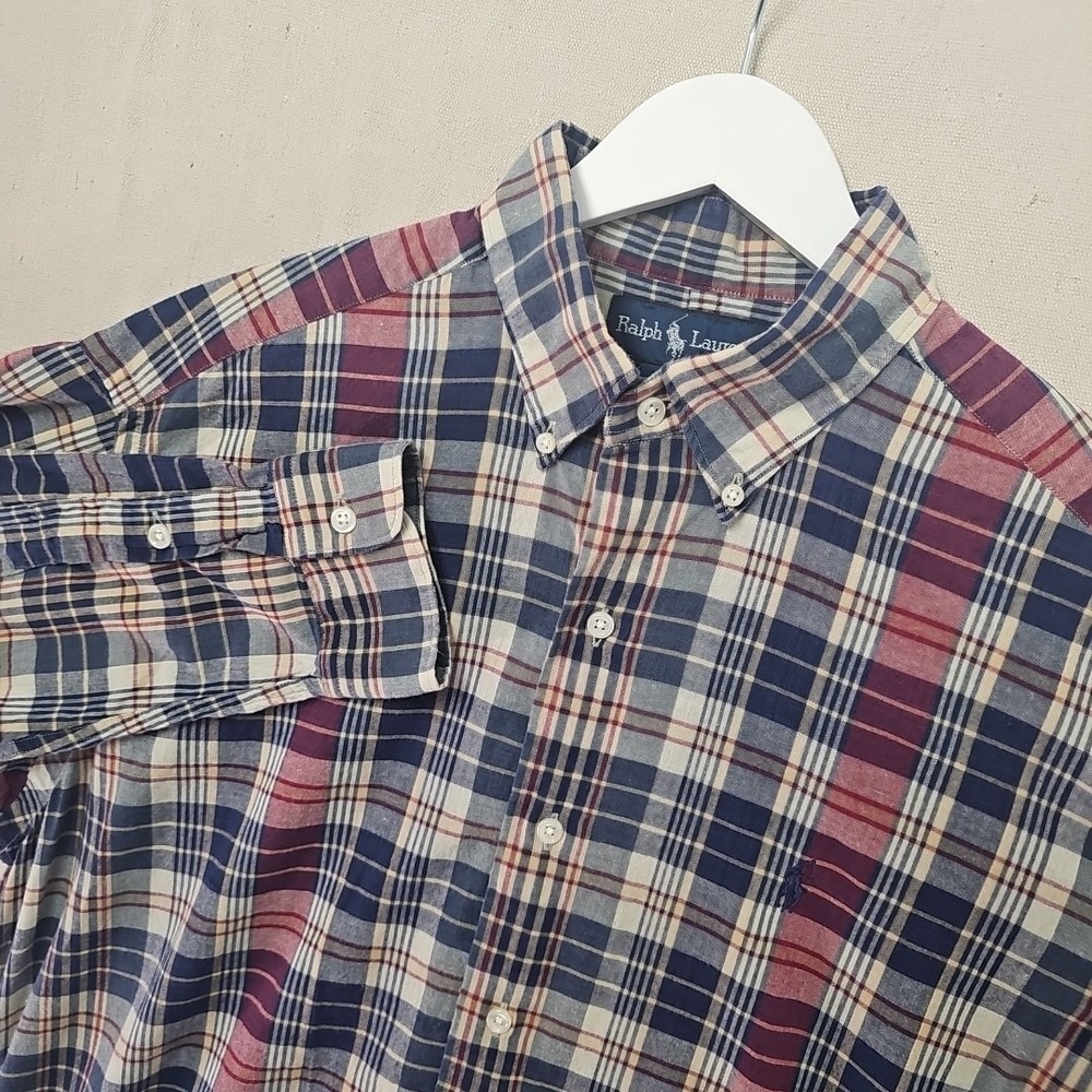 Ralph Lauren McMeel Men's Medium Blue Burgundy Tan Plaid Button Down Long Sleeve